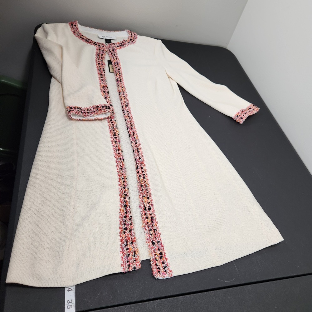 St John Collection White Knit Long Cardigan Jacket Tweed‎ Trim K61HQA3 Womens 4 - Picture 6 of 11